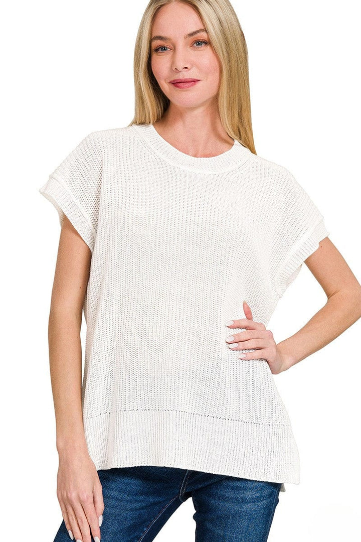 Zenana Oversized Crew Neck Short Sleeve Sweater Top with Side Slits