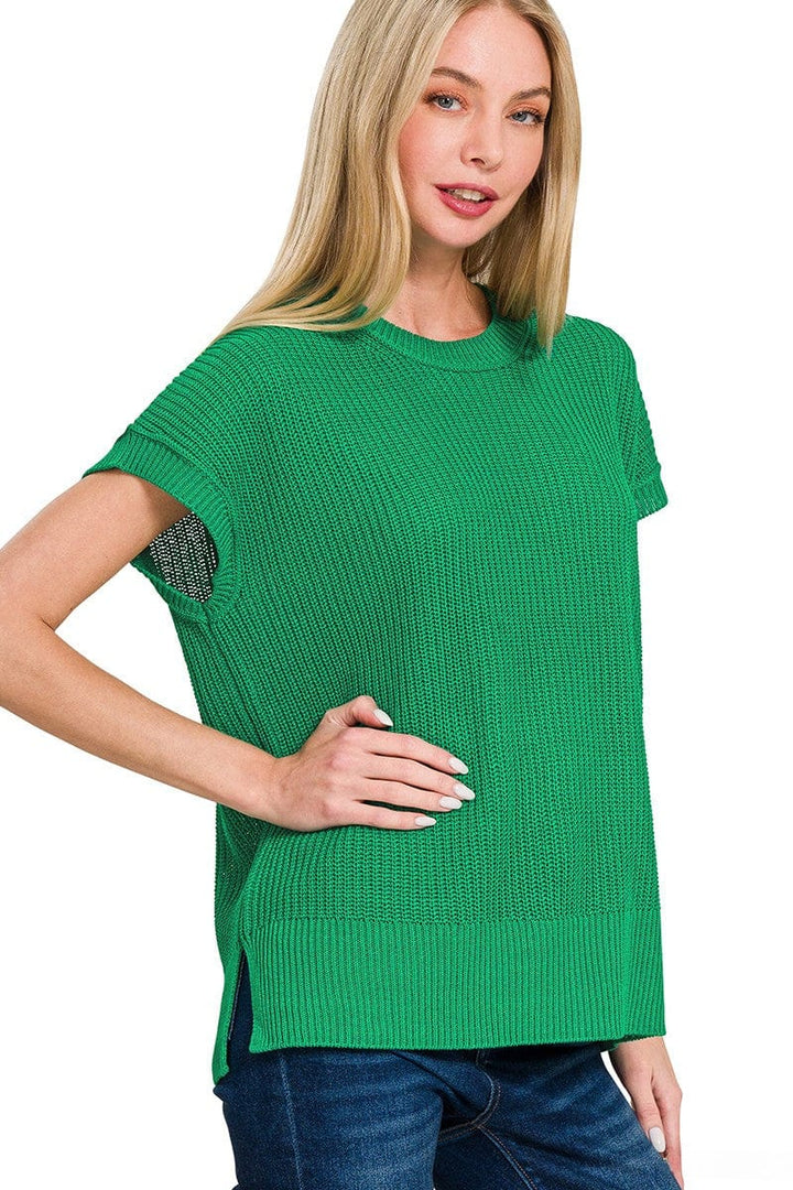 Zenana Oversized Crew Neck Short Sleeve Sweater Top with Side Slits