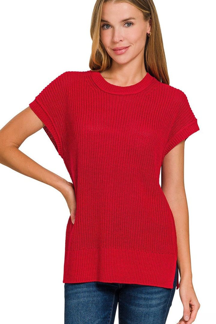 Zenana Oversized Crew Neck Short Sleeve Sweater Top with Side Slits