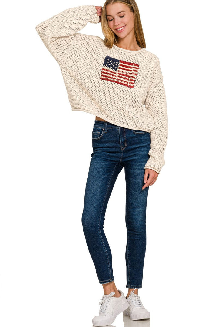 Zenana Patchy American Flag Crew Neck Rolled Edge Sweater