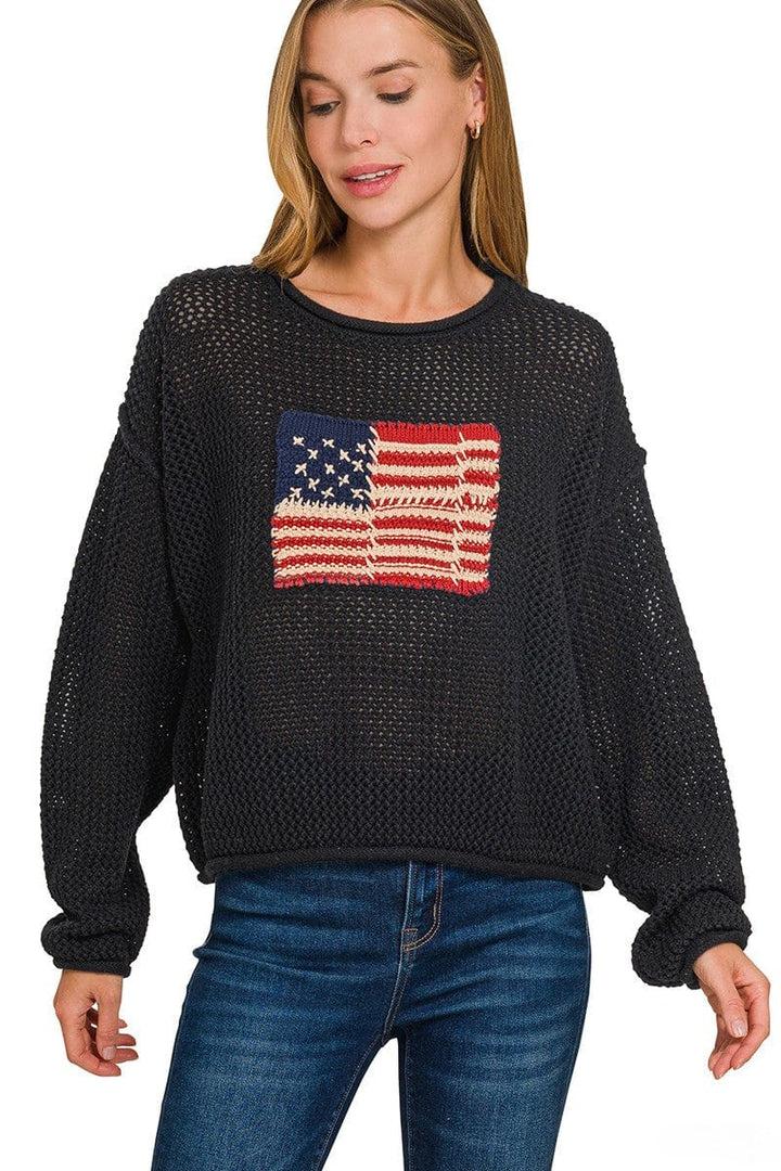 Zenana Patchy American Flag Crew Neck Rolled Edge Sweater