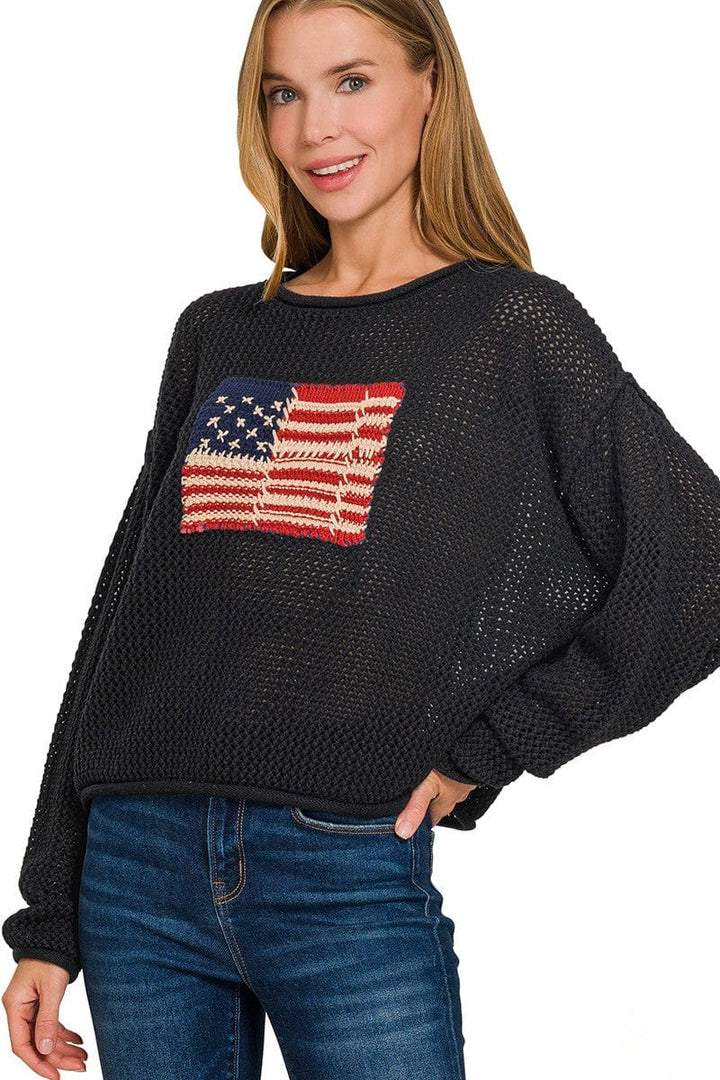 Zenana Patchy American Flag Crew Neck Rolled Edge Sweater