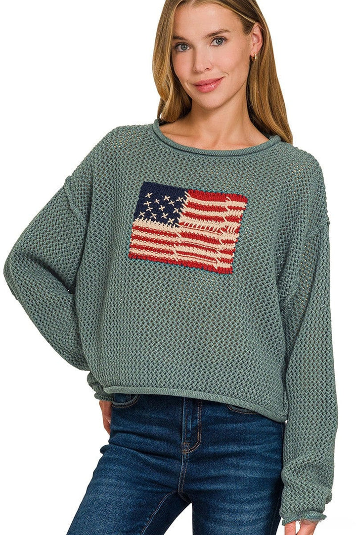 Zenana Patchy American Flag Crew Neck Rolled Edge Sweater