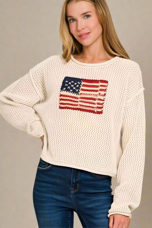 Zenana Patchy American Flag Crew Neck Rolled Edge Sweater