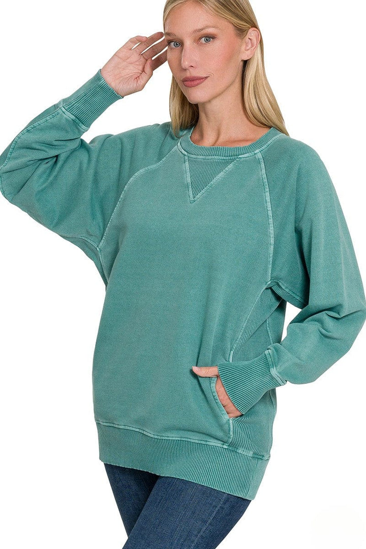 Zenana Pigment Dyed French Terry Pullover with Pockets