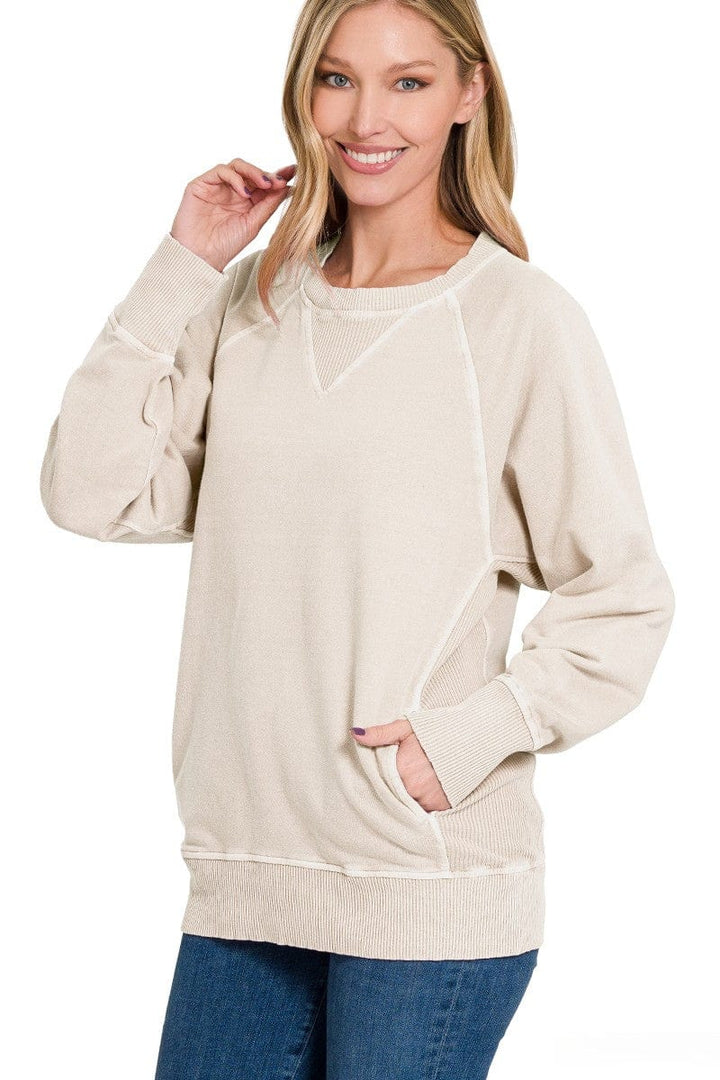 Zenana Pigment Dyed French Terry Pullover with Pockets