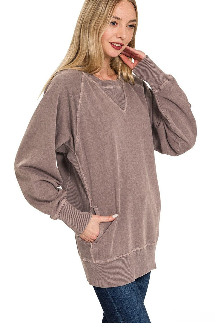 Zenana Pigment Dyed French Terry Pullover with Pockets