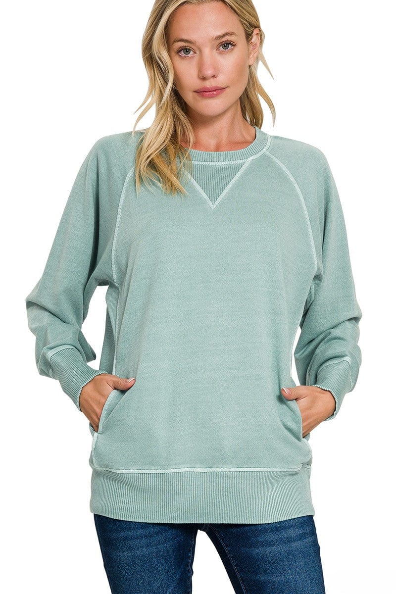 Zenana Pigment Dyed French Terry Pullover with Pockets