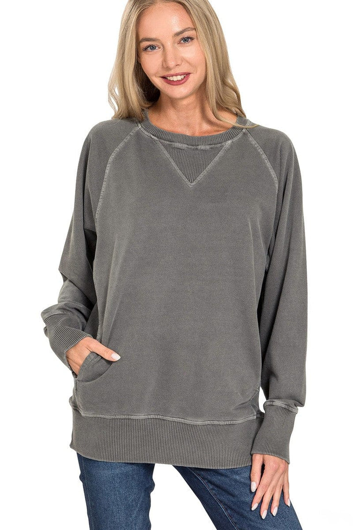Zenana Pigment Dyed French Terry Pullover with Pockets