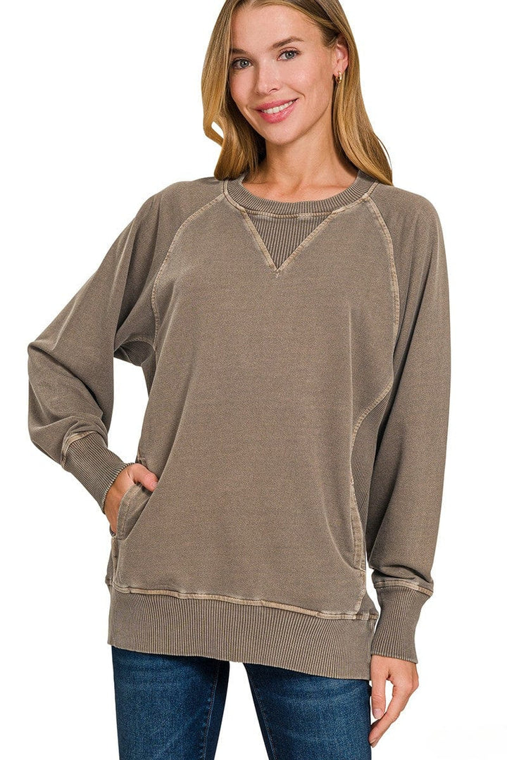 Zenana Pigment Dyed French Terry Pullover with Pockets