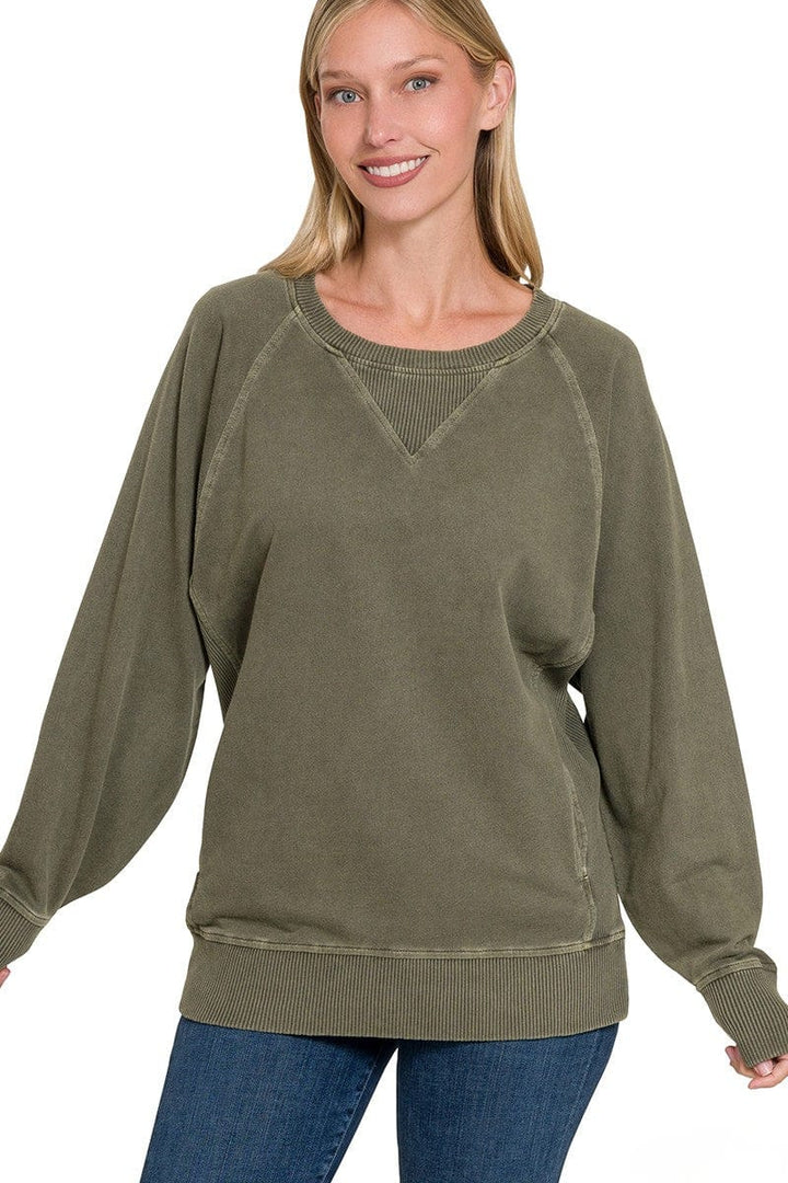 Zenana Pigment Dyed French Terry Pullover with Pockets