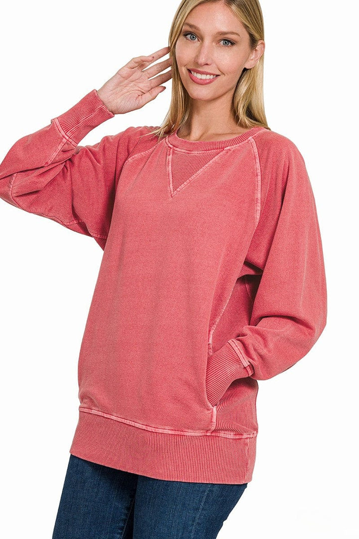 Zenana Pigment Dyed French Terry Pullover with Pockets