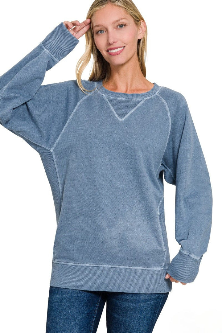Zenana Pigment Dyed French Terry Pullover with Pockets