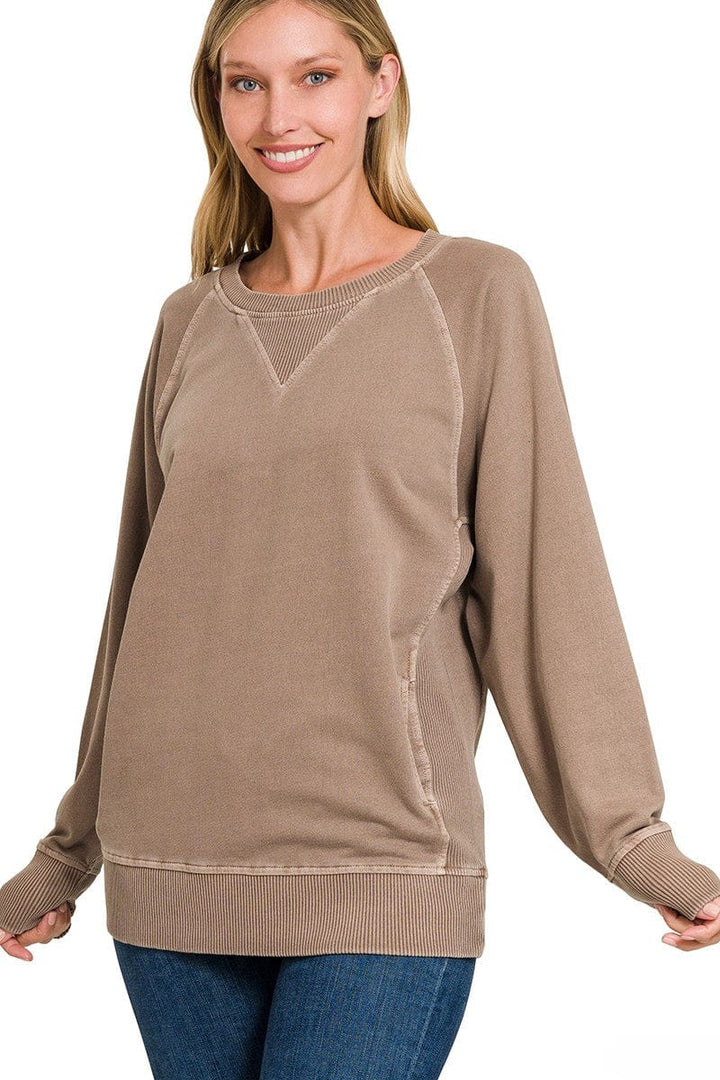 Zenana Pigment Dyed French Terry Pullover with Pockets