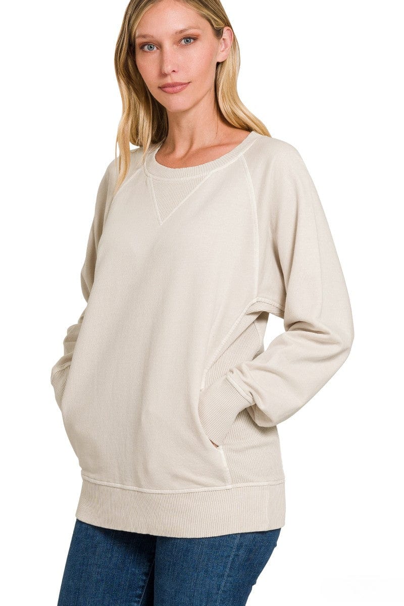 Zenana Pigment Dyed French Terry Pullover with Pockets TP-ZN-5176D4  SAND BEIGE S