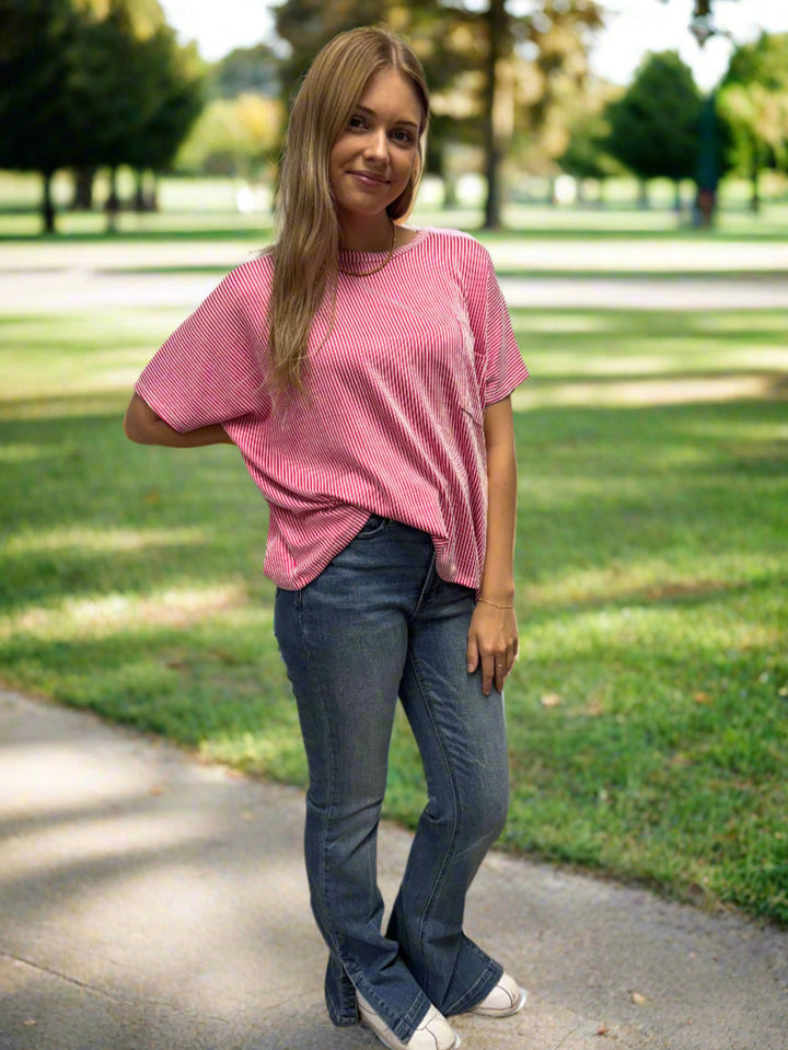 Zenana Pocket Front Corded Rib Oversized Short Sleeve Top