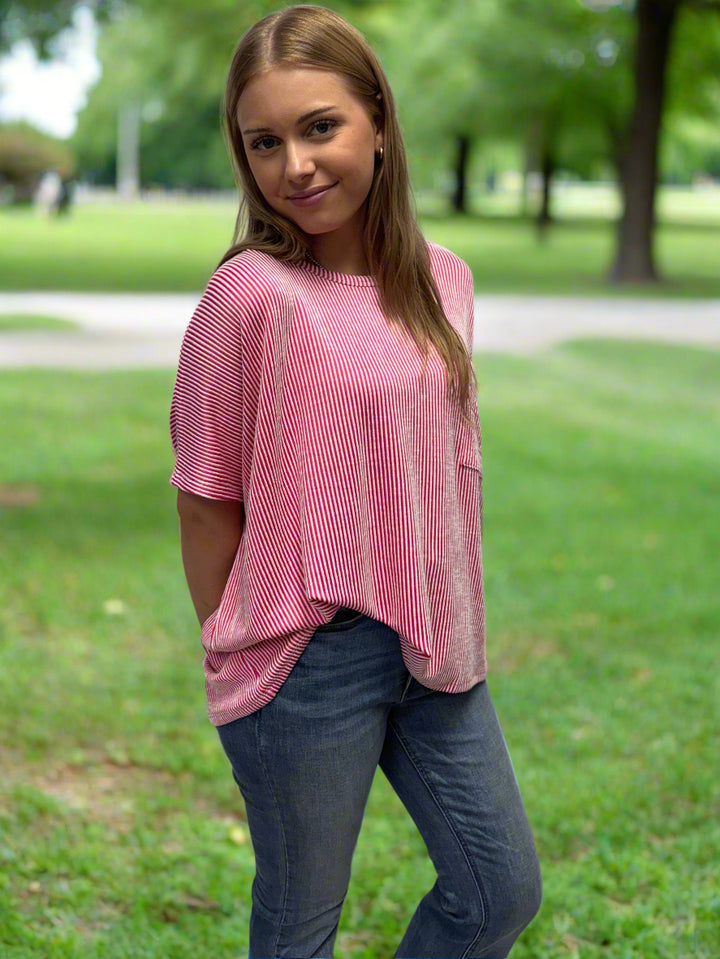 Zenana Pocket Front Corded Rib Oversized Short Sleeve Top
