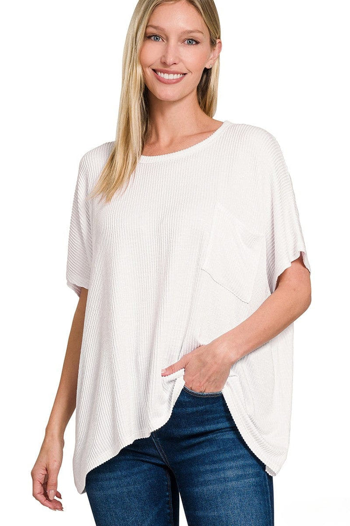 Zenana Pocket Front Corded Rib Oversized Short Sleeve Top