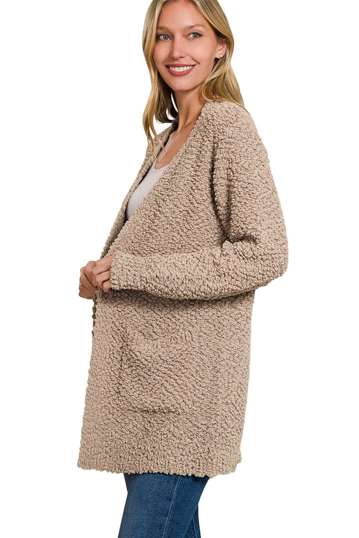 Zenana Popcorn Knit Open Sweater Cardigan with Pockets