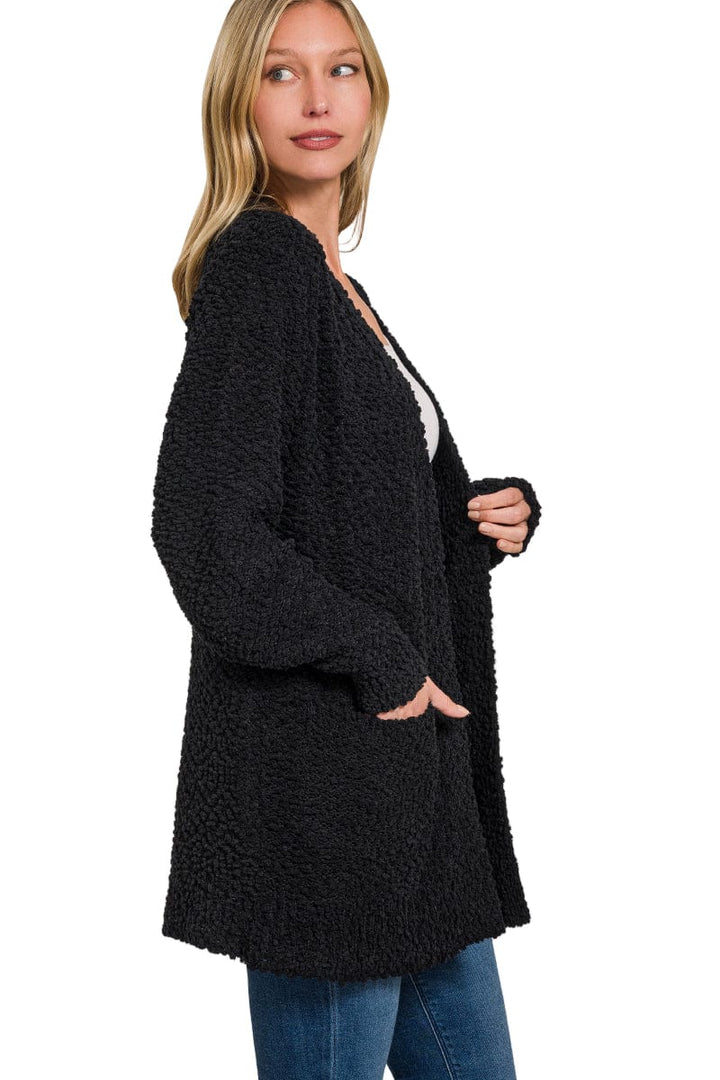 Zenana Popcorn Knit Open Sweater Cardigan with Pockets