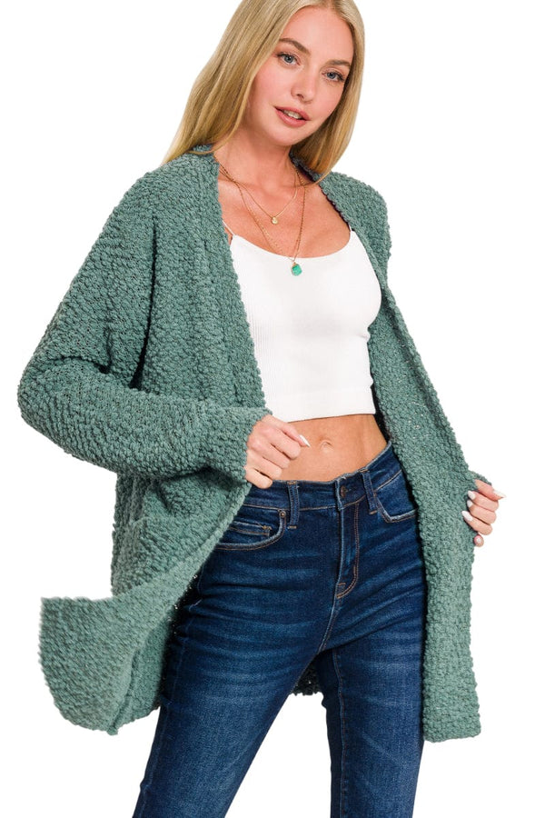 Zenana Popcorn Knit Open Sweater Cardigan with Pockets