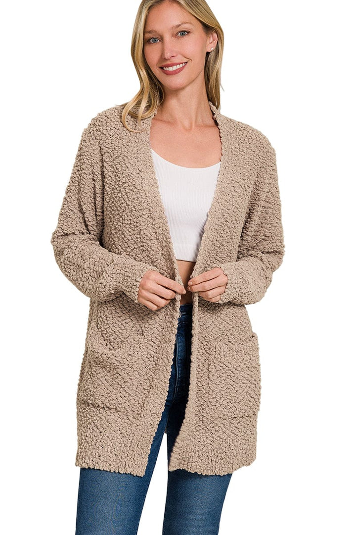 Zenana Popcorn Knit Open Sweater Cardigan with Pockets