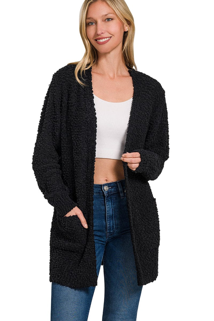 Zenana Popcorn Knit Open Sweater Cardigan with Pockets