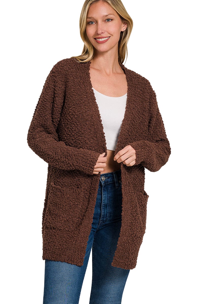 Zenana Popcorn Knit Open Sweater Cardigan with Pockets
