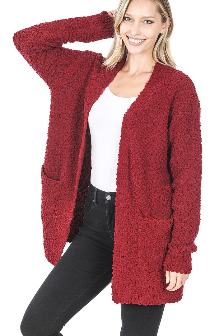 Zenana Popcorn Knit Open Sweater Cardigan with Pockets