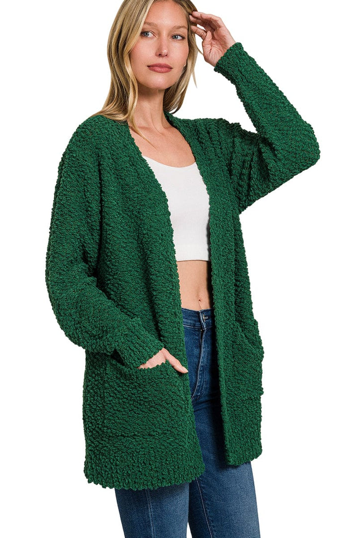 Zenana Popcorn Knit Open Sweater Cardigan with Pockets