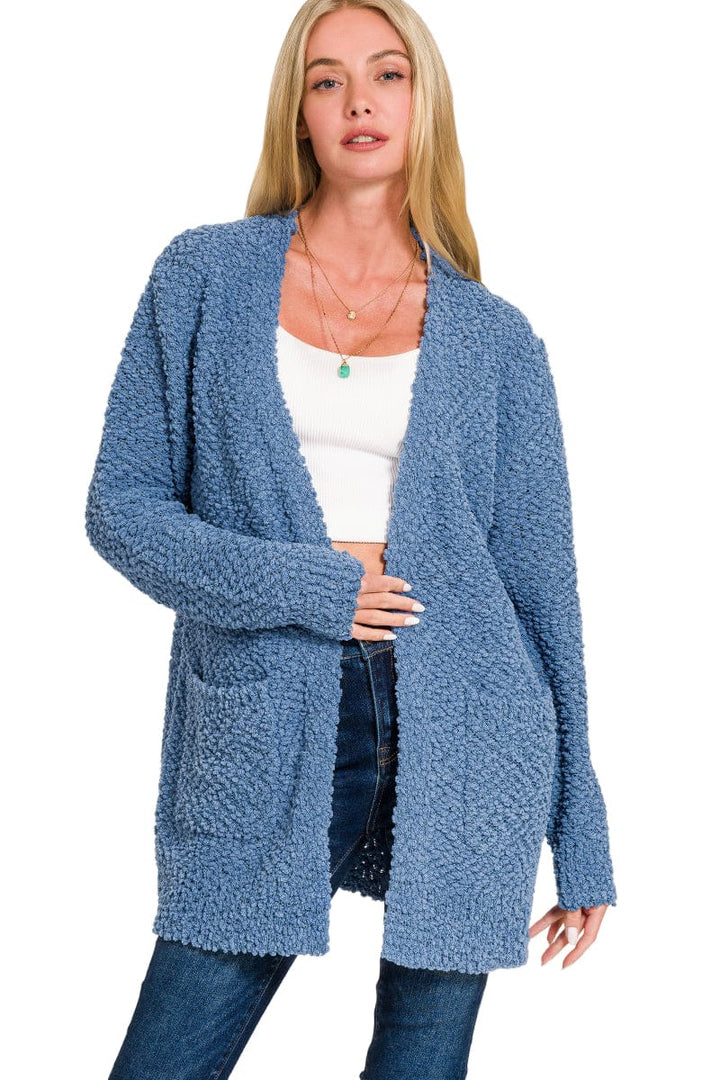 Zenana Popcorn Knit Open Sweater Cardigan with Pockets