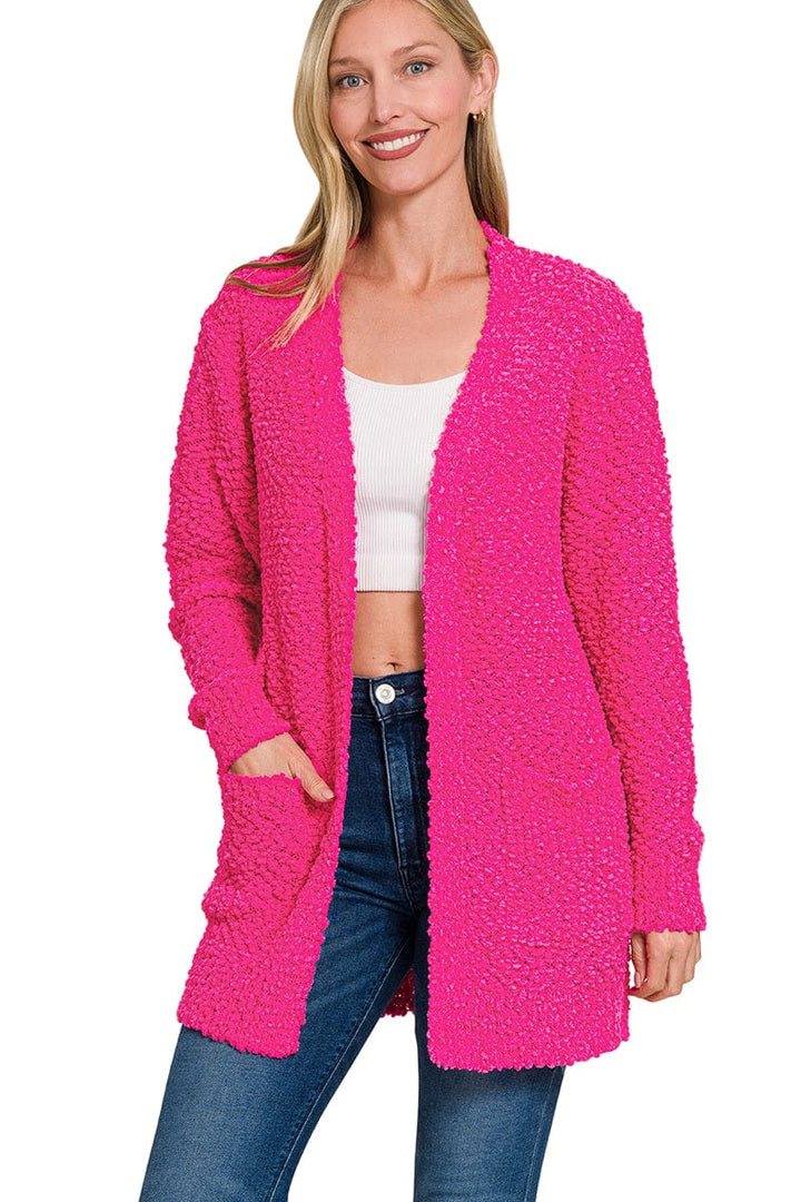 Zenana Popcorn Knit Open Sweater Cardigan with Pockets