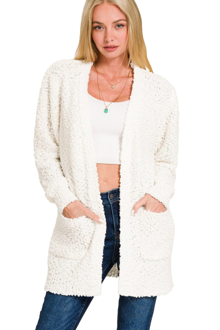 Zenana Popcorn Knit Open Sweater Cardigan with Pockets