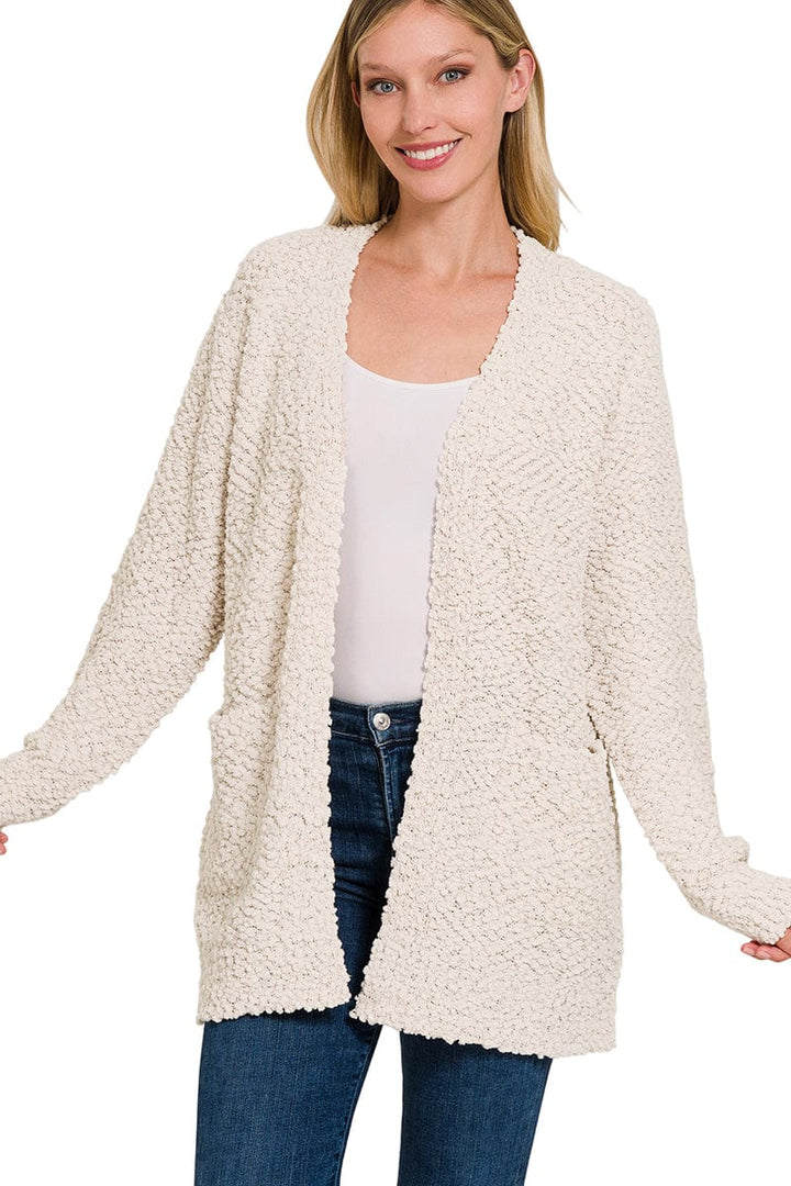 Zenana Popcorn Knit Open Sweater Cardigan with Pockets