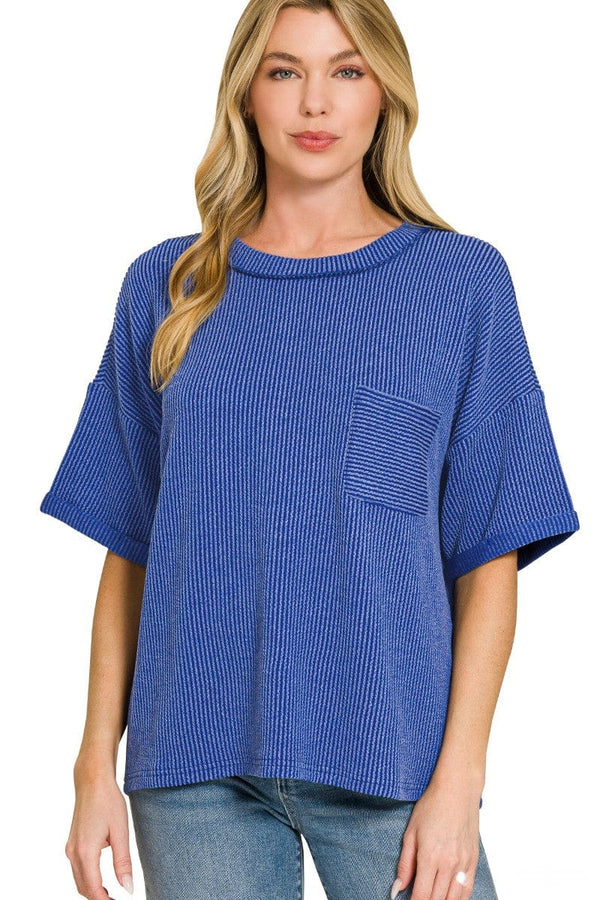 Zenana Raised Rib Front Pocket Cuff Sleeve Top