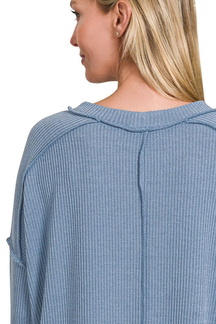 Zenana Ribbed Drop Shoulder Round Neck Sweater