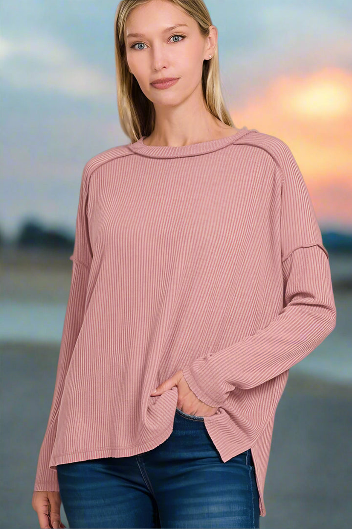 Zenana Ribbed Drop Shoulder Round Neck Sweater