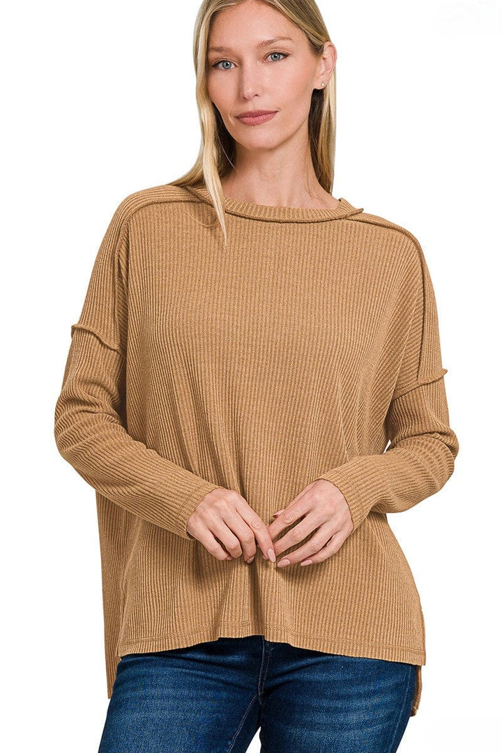 Zenana Ribbed Drop Shoulder Round Neck Sweater