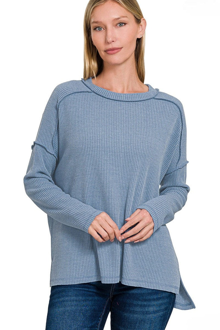 Zenana Ribbed Drop Shoulder Round Neck Sweater