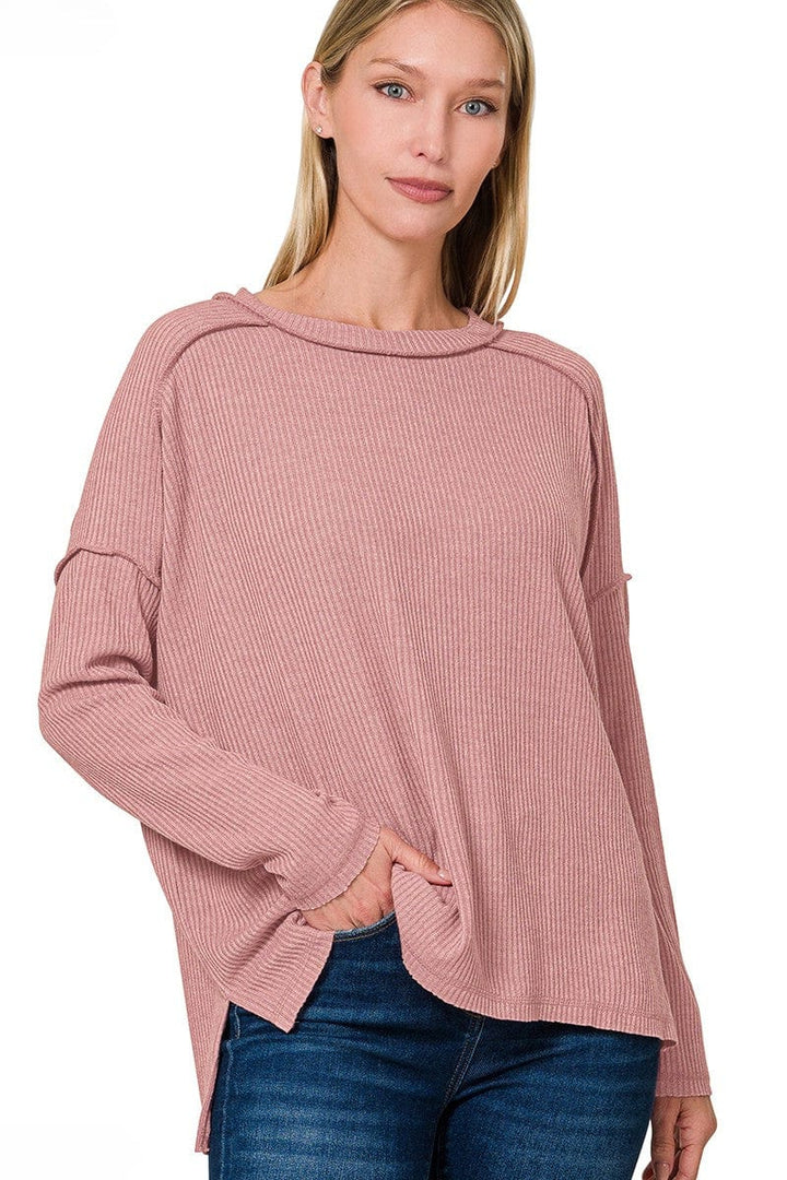 Zenana Ribbed Drop Shoulder Round Neck Sweater