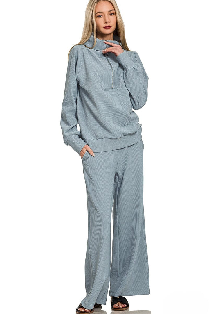 Zenana Ribbed High Neck Half Zip Pullover and Pants Set