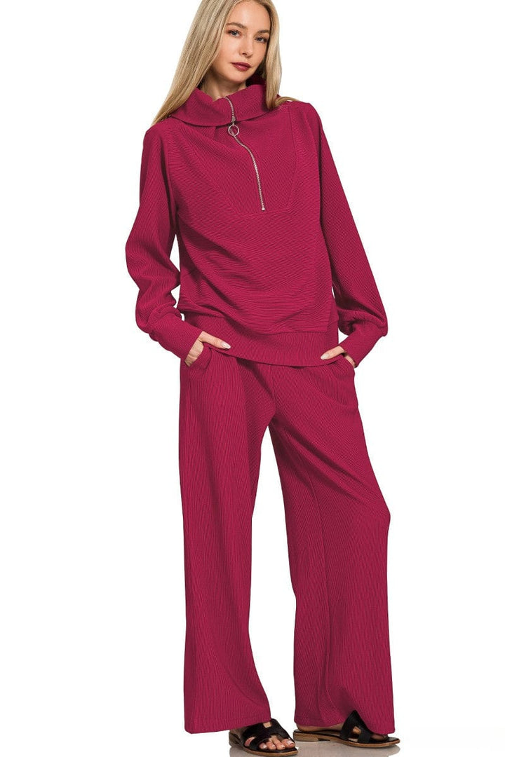 Zenana Ribbed High Neck Half Zip Pullover and Pants Set