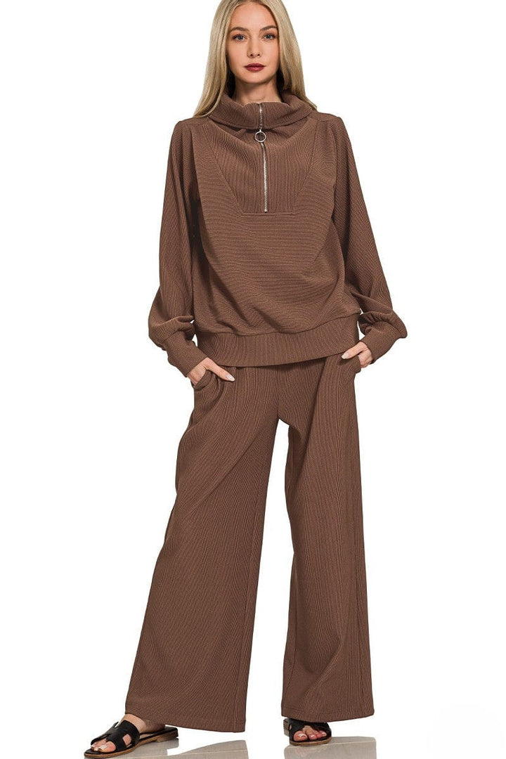 Zenana Ribbed High Neck Half Zip Pullover and Pants Set