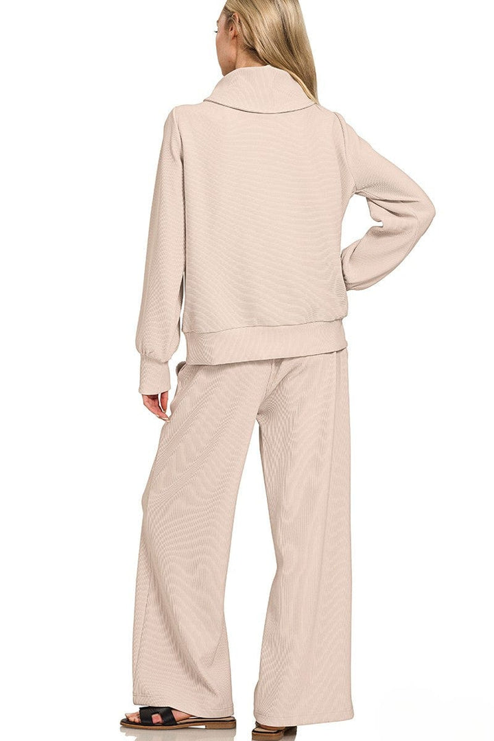 Zenana Ribbed High Neck Half Zip Pullover and Pants Set