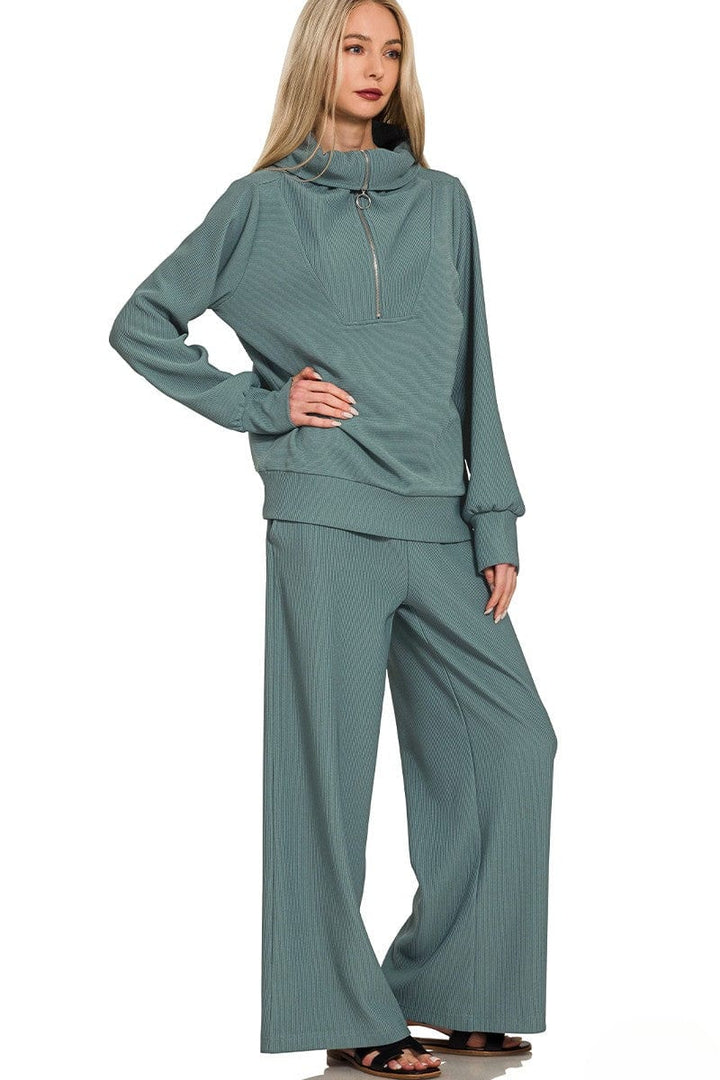 Zenana Ribbed High Neck Half Zip Pullover and Pants Set
