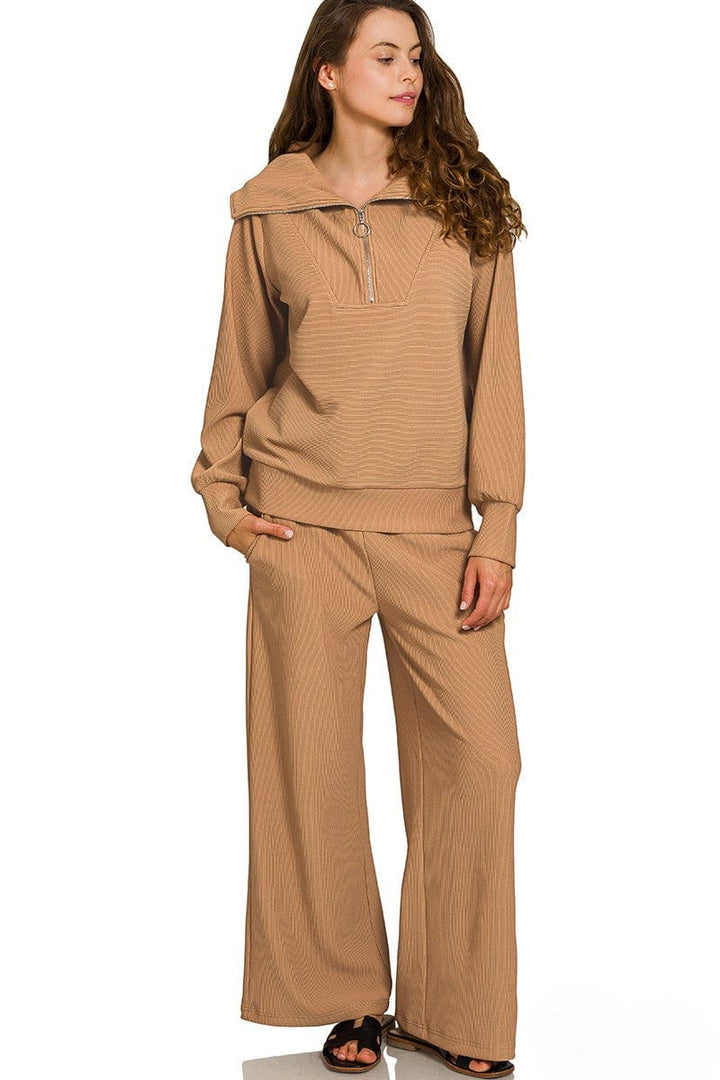 Zenana Ribbed High Neck Half Zip Pullover and Pants Set