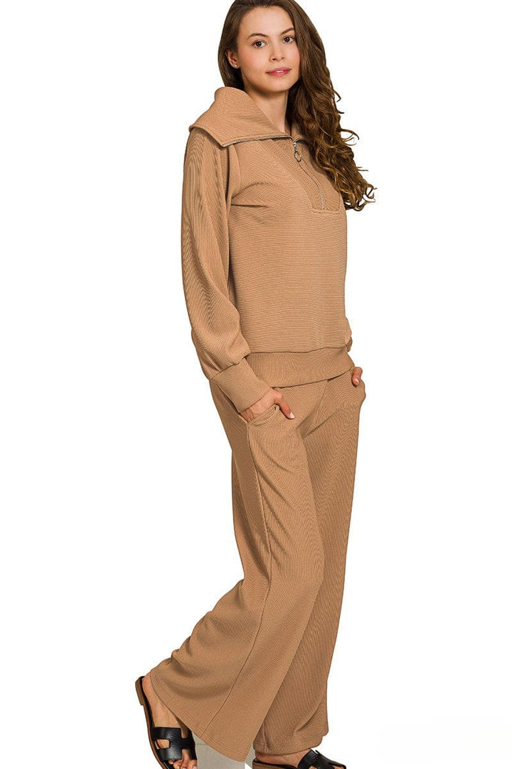 Zenana Ribbed High Neck Half Zip Pullover and Pants Set