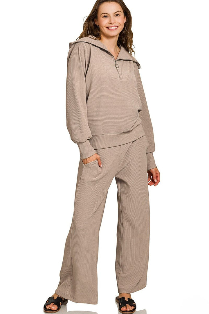 Zenana Ribbed High Neck Half Zip Pullover and Pants Set