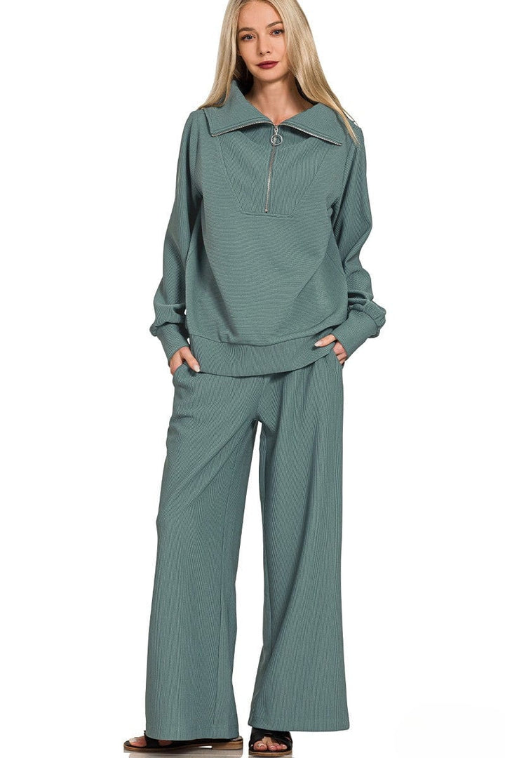Zenana Ribbed High Neck Half Zip Pullover and Pants Set