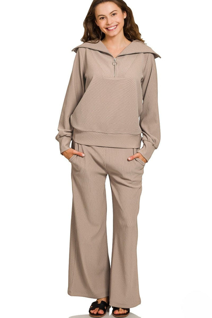 Zenana Ribbed High Neck Half Zip Pullover and Pants Set